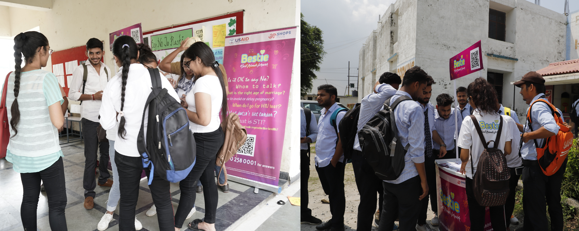 Left: Young students hanging out in a hallway. Right: Young students hanging out outside near a stall